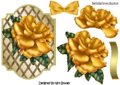 Pretty Gold Rose with Bow on Lattice Frame