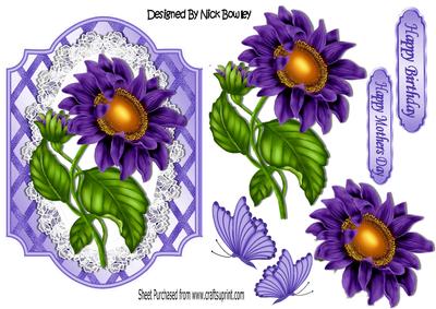 Pretty Purple Sunflower on Lace with Butterflies