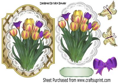 Spring Purple and Yellow Tulips on Lace with Butterflies