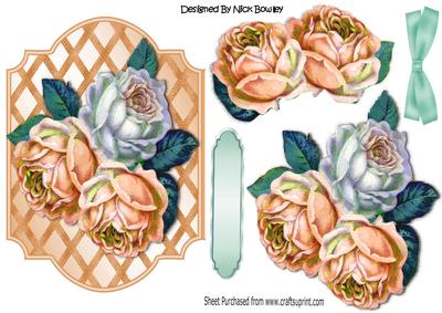 Pretty Peach/white Roses with Bow on Lattice Frame