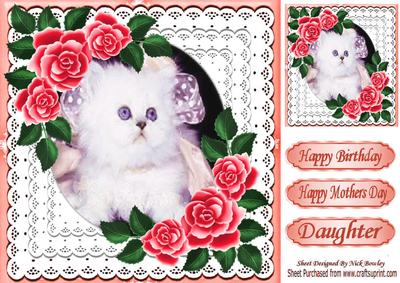 Cute White Kitten with Red Roses in Lace Frame 8x8