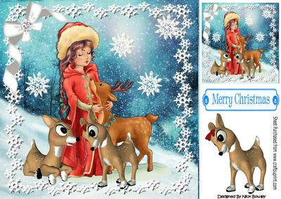 Pretty Snow Maiden with Little Deers in the Snow 8x8