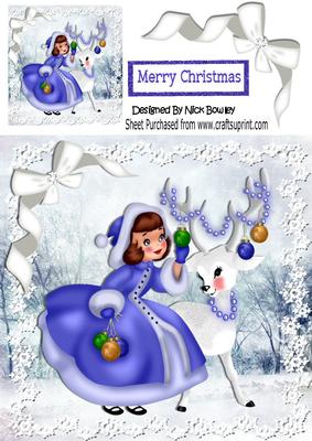 Little Girl in the Snow with Reindeer & Baubles 8x8