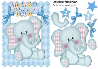 Cute Blue Ele Stuffed with Love in Gingham Frame