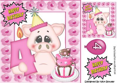 Cute Little Pigs 4th Birthday with Cake 8x8