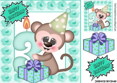 It's My 3rd Birthday, Cute Little Monkey with Present 8x8