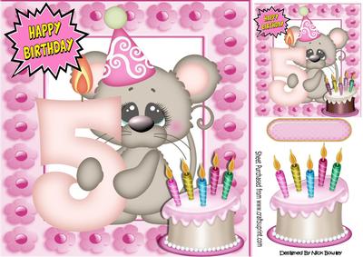 Cute Little Birthday Mouse with 5 Candles on Cake 8x8