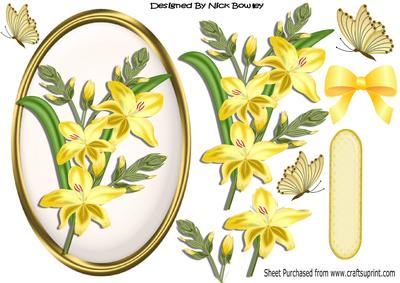 Pretty Yellow Lilies in Oval Frame with Bow & Butterflies