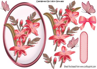 Pretty Rose Lilies in Oval Frame with Bow & Butterflies
