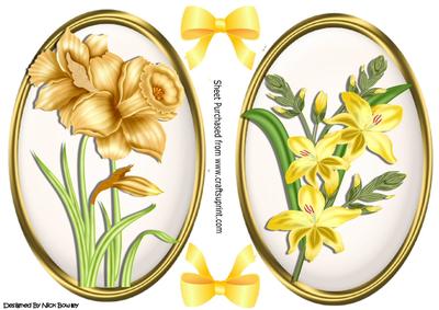 Two Pretty Yellow Daffodils and Lillies in Oval Toppers