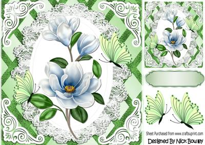 Pretty Blue Magnolia on Lace on Lattice Frame 8x8