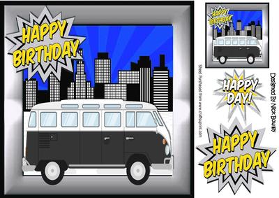 Black Camper Van in the City, Silver Frame 8x8