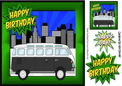 Black Camper Van in the City, Green Frame 8x8