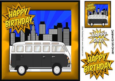 Black Camper Van in the City, Gold Frame 8x8
