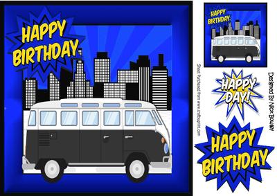 Black Camper Van in the City, Blue Frame 8x8