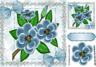 Pretty Flowers in Flower Frame with Blue Bows 8x8