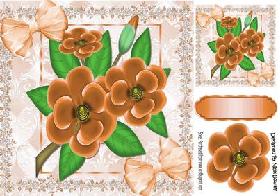 Pretty Flowers in Flower Frame with Peach Bows 8x8