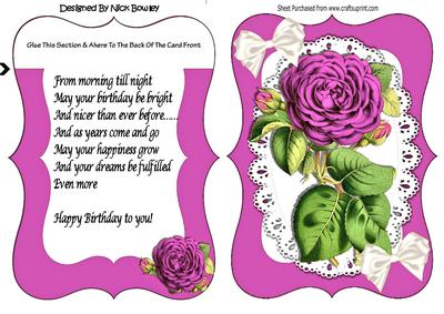 Pretty Pink Roses on Lace Bracket Card with Verse