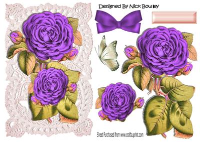 Pretty Purple Roses on Vintage Lace with Bow