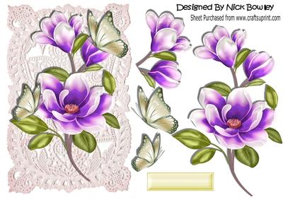 Pretty Purple Magnolias and Butterflies on Vintage Lace