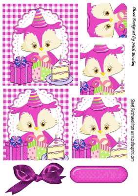 Cute Little Owl Celebrating Birthday with Cake Pink Pyramid