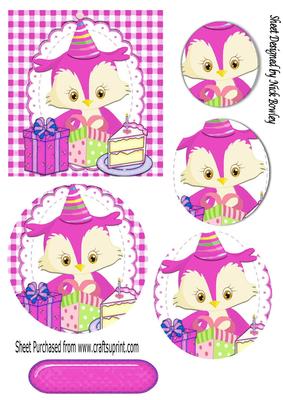 Cute Little Owl Celebrating Birthday with Cake Pink Oval Pyr
