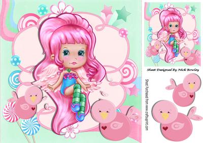 Pink Candy Faerie with Little Birds 8x8