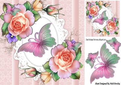 Pretty Pink/peach Summer Roses with Butterflies 8x8
