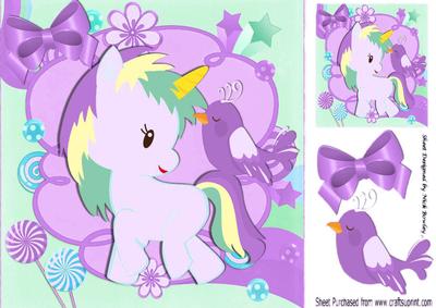 Pretty Fantasy Rainbow Unicorn with Purple Bird 8x8