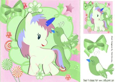 Pretty Fantasy Rainbow Unicorn with Green Bird 8x8