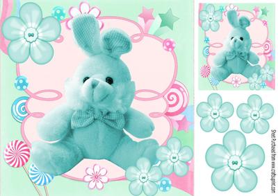 Cuddly Turq Bunnie, with Button Flowers 8x8