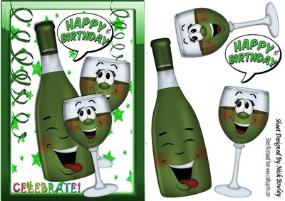 Toon Bottle of Wine with Funny Face Wine Glasses