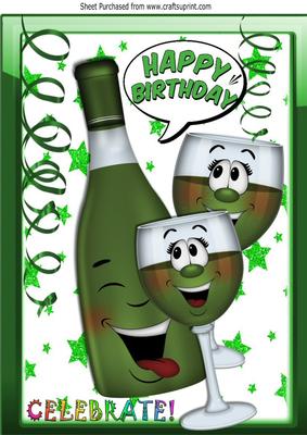 Toon Bottle of Wine with Funny Face Wine Glasses A4
