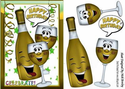 Toon Bottle of Wine with Funny Face Gold Wine Glasses