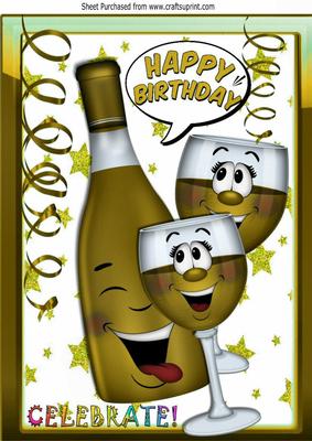 Toon Bottle of Wine with Funny Face Gold Wine Glasses A4