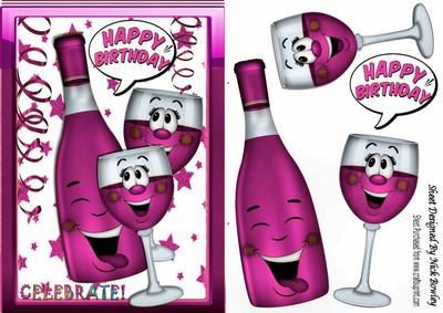 Toon Bottle of Wine with Funny Face Pink Wine Glasses