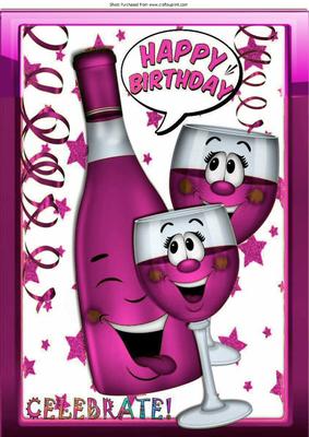 Toon Bottle of Wine with Funny Face Pink Wine Glasses A4