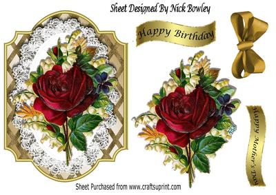Vintage Red Rose with Gold Bow on Lace and Lattice Frame