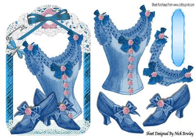 Pretty Blue Vintage Basque and Shoes in Lace Frame