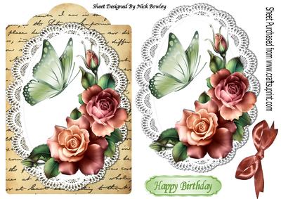 Pretty Summer Roses on Lace with Script Bow & Butterfly