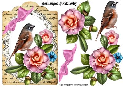 Pretty Wild Summer Roses on Lace with Bird and Script