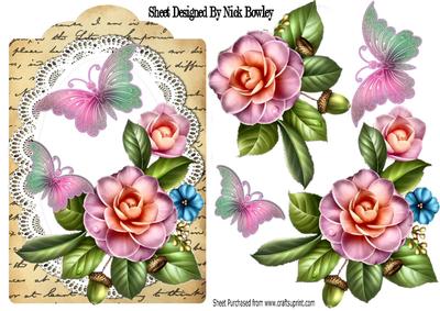 Pretty Wild Summer Roses on Lace with Butterflies and Script