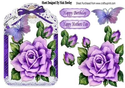 Pretty Painted Purple Roses and Butterflies in Lace Frame