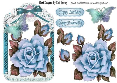 Pretty Painted Turq Roses and Butterflies in Lace Frame