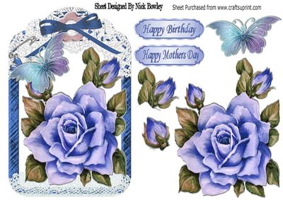 Pretty Painted Blue Roses and Butterflies in Lace Frame