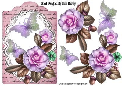 Summer Lilac Roses on Lace with Butterflies