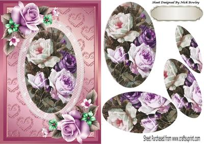 Pretty Vintage Summer Lilac Roses Oval Pyramids on Lace