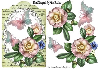 Wild Pink Roses on Lace with Butterflies and Script
