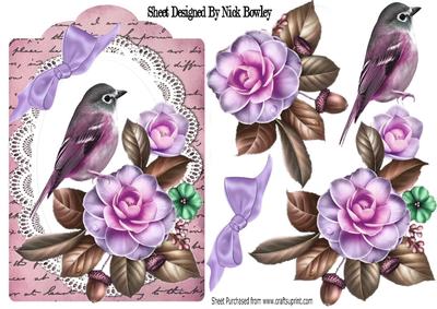 Pretty Wild Summer Roses on Lace with Pink Bird and Script