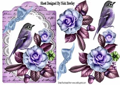 Pretty Wild Summer Roses on Lace with Lilac Bird and Script